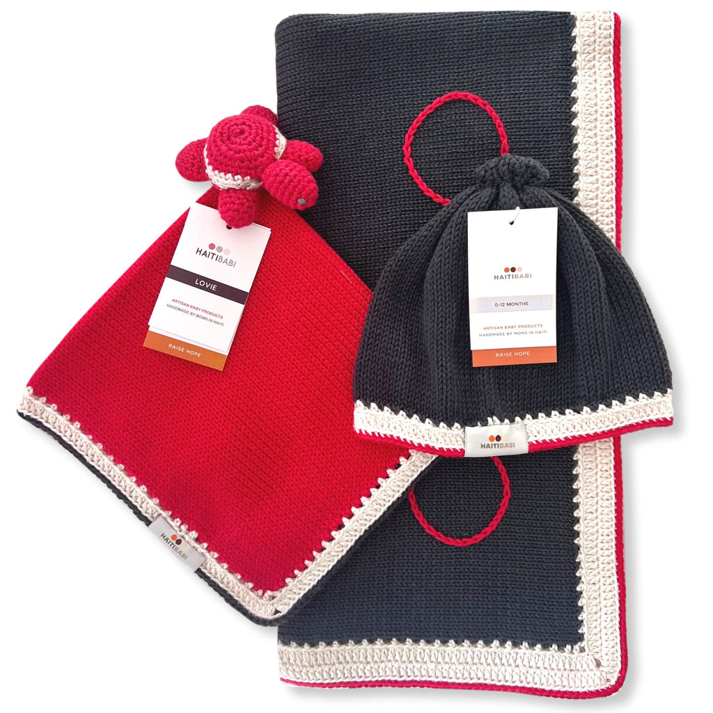 Carbon Gray & Red Blanket, Octopus or Turtle Lovie & Beanie Set