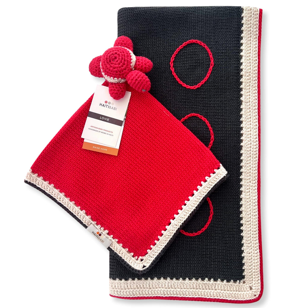 Carbon Gray & Red Blanket & Turtle or Octopus Lovie Set