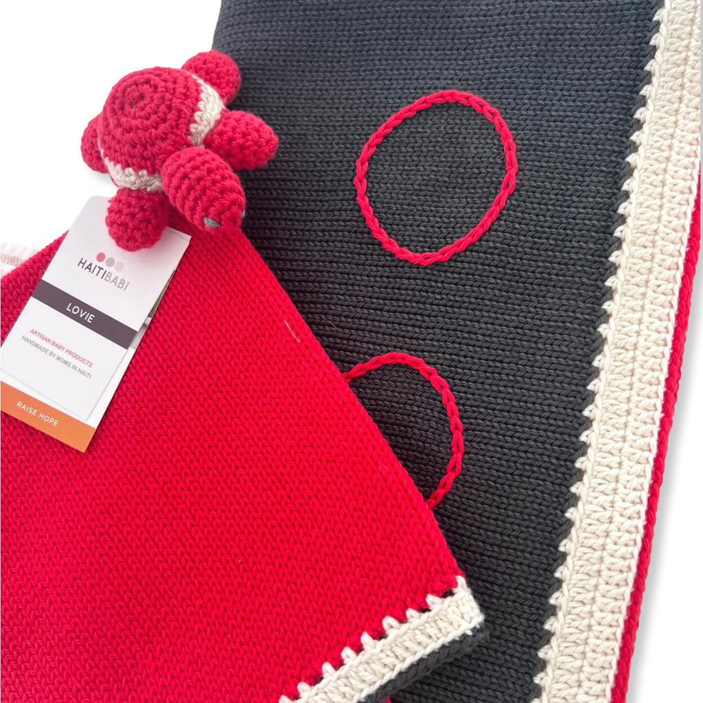 Carbon Gray & Red Blanket & Turtle or Octopus Lovie Set