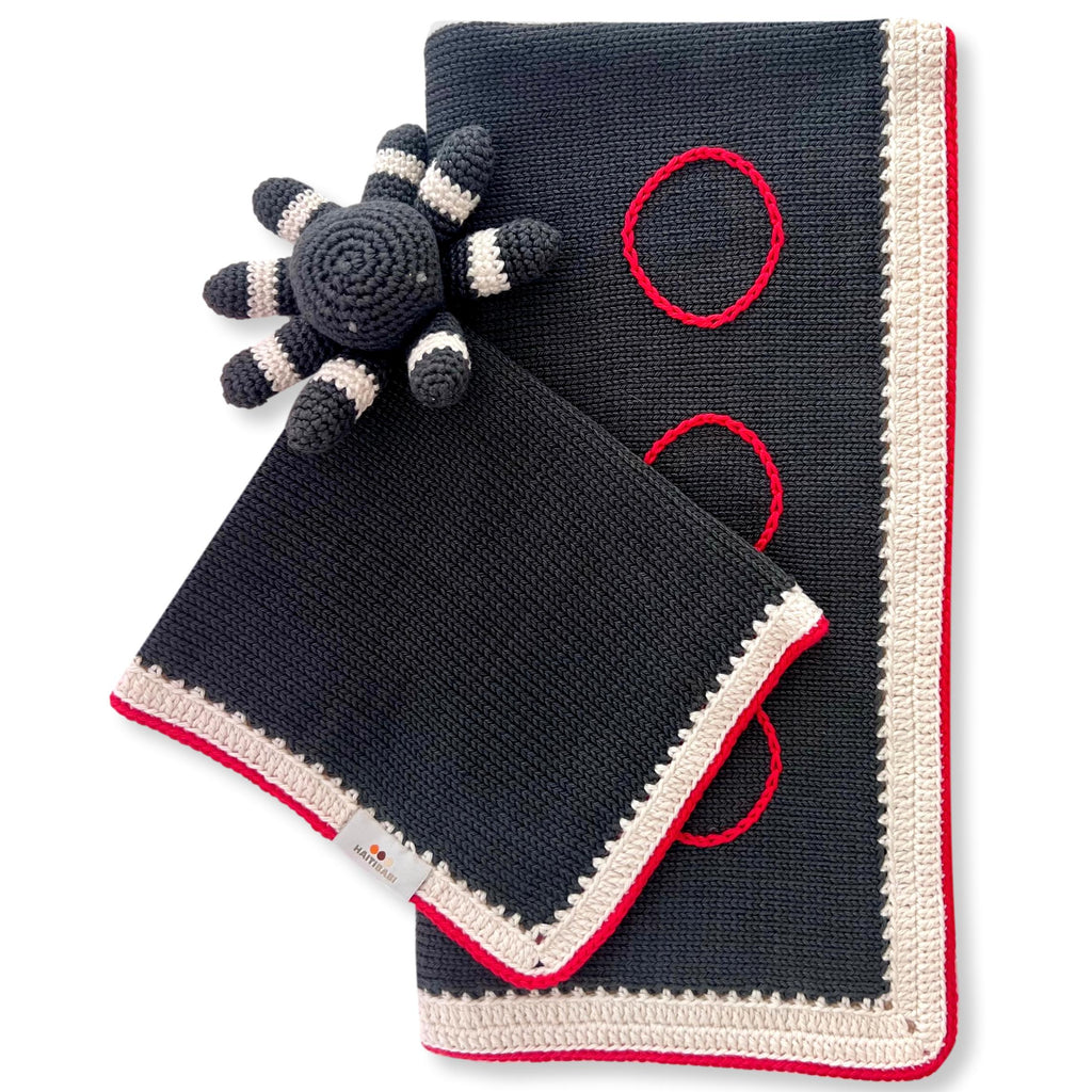 Carbon Gray & Red Blanket & Turtle or Octopus Lovie Set