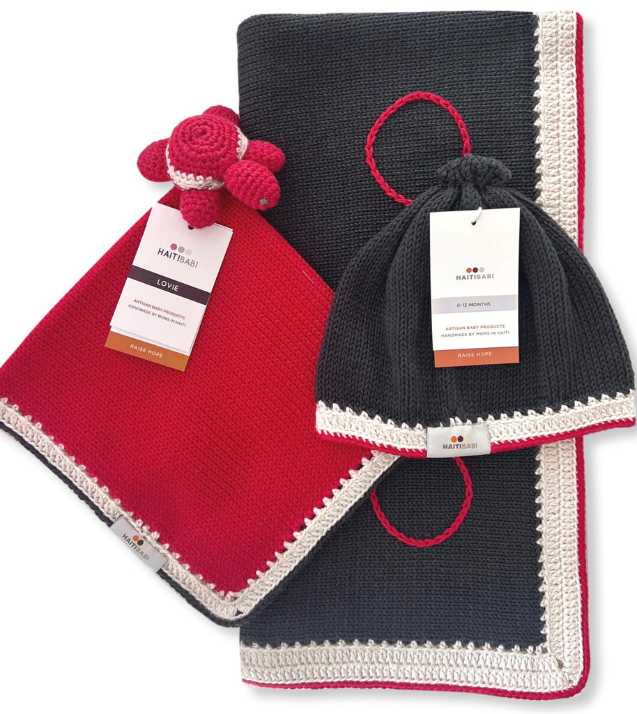 Carbon Gray & Red Blanket, Lovie & Hat Set