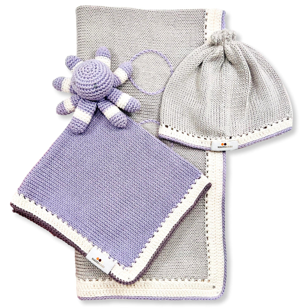 Purple Ice & Suede Blanket, Octopus Lovie & Beanie Set