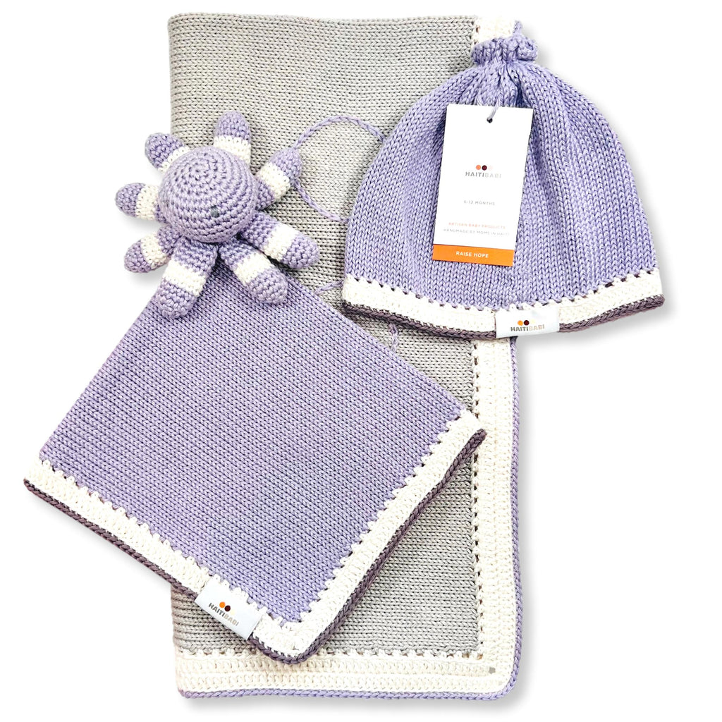 Purple Ice & Suede Blanket, Octopus Lovie & Beanie Set