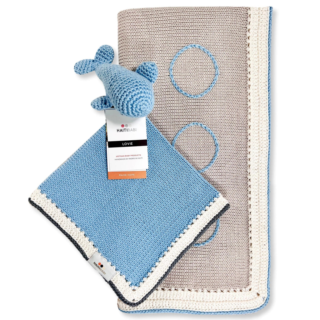 Pebble & Baby Blue Blanket and Baby Blue Whale Lovie or Pebble Turtle Lovie Set