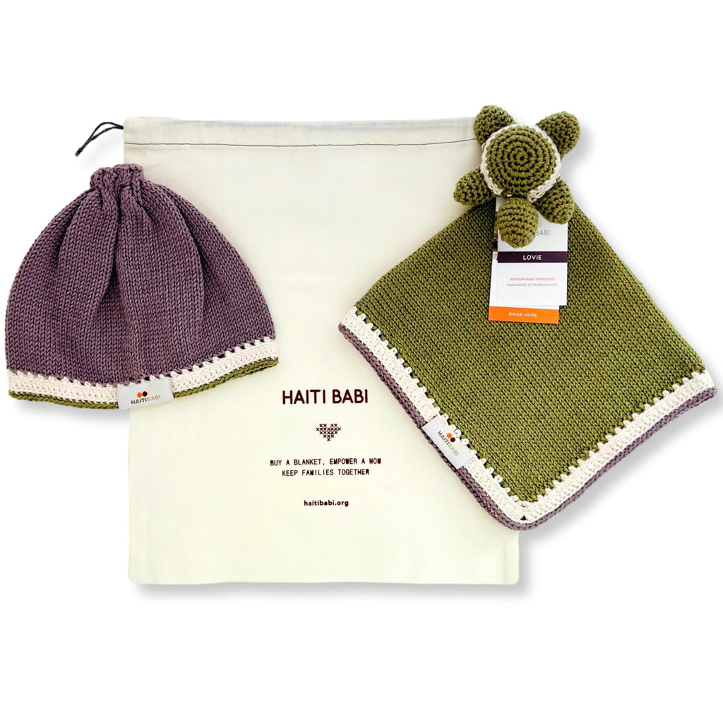 Suede Knit Baby Hat & Moss Green Turtle Lovie made in Haiti