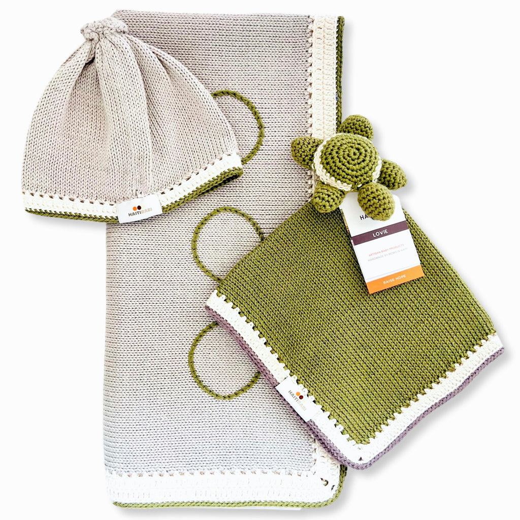 Argent & Summer Moss Blanket & Beanie with Summer Moss & Suede Turtle Lovie Set