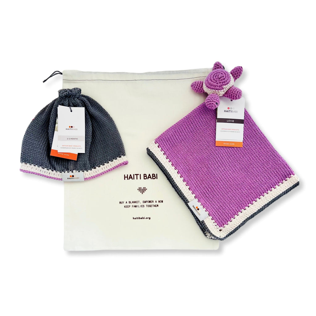 Stone Baby Beanie & Orchid Turtle Lovie Set