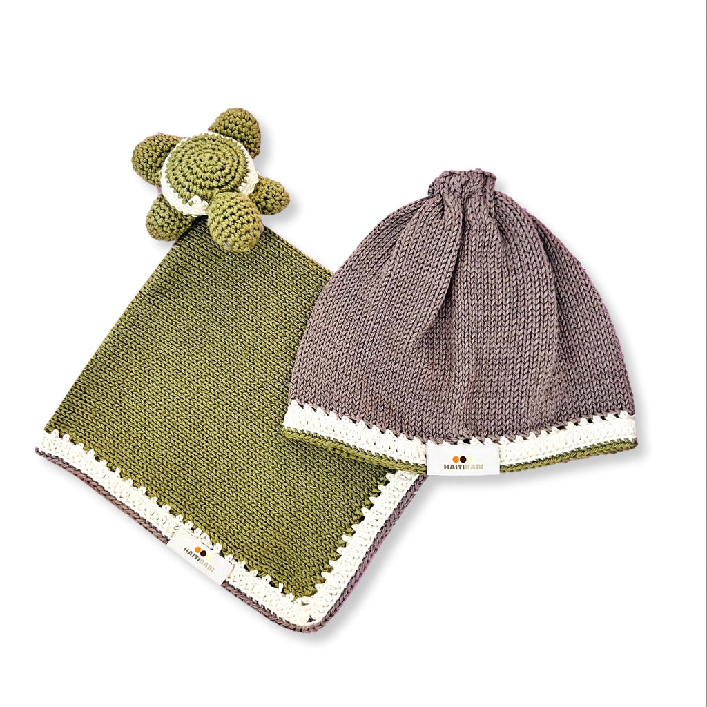 Suede Baby Beanie & Summer Moss Green Turtle Lovie handmade in Haiti
