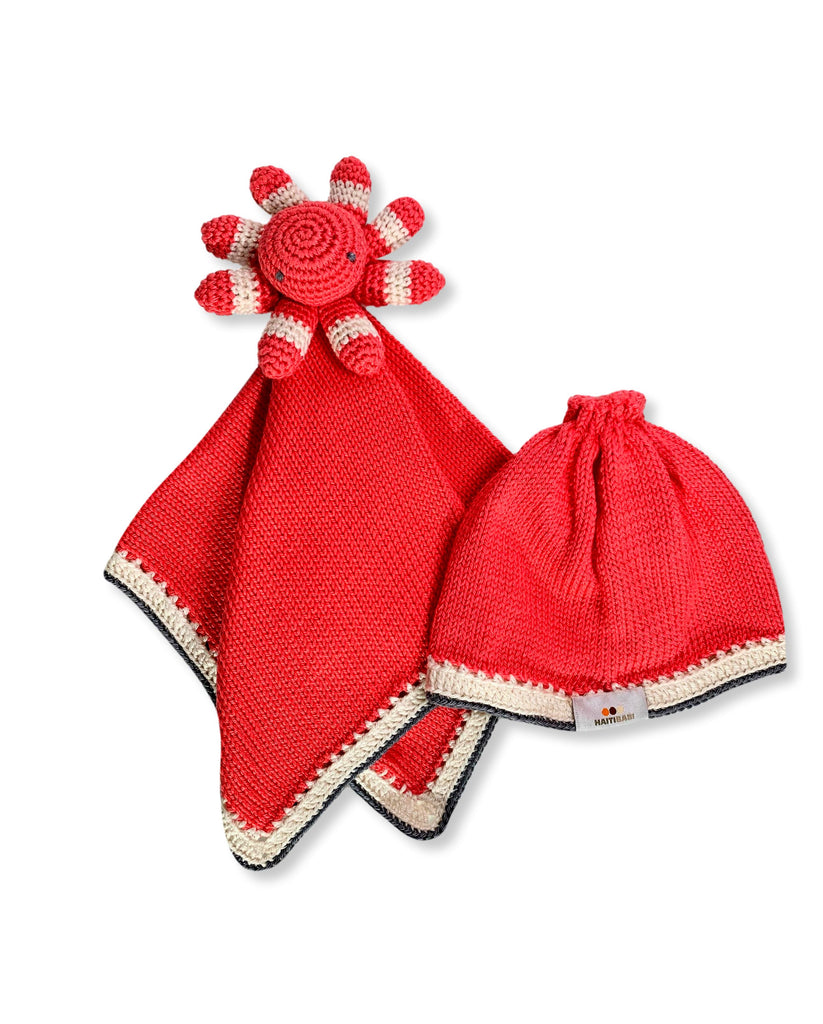 Red & Carbon Baby Beanie & Octopus Lovie Set