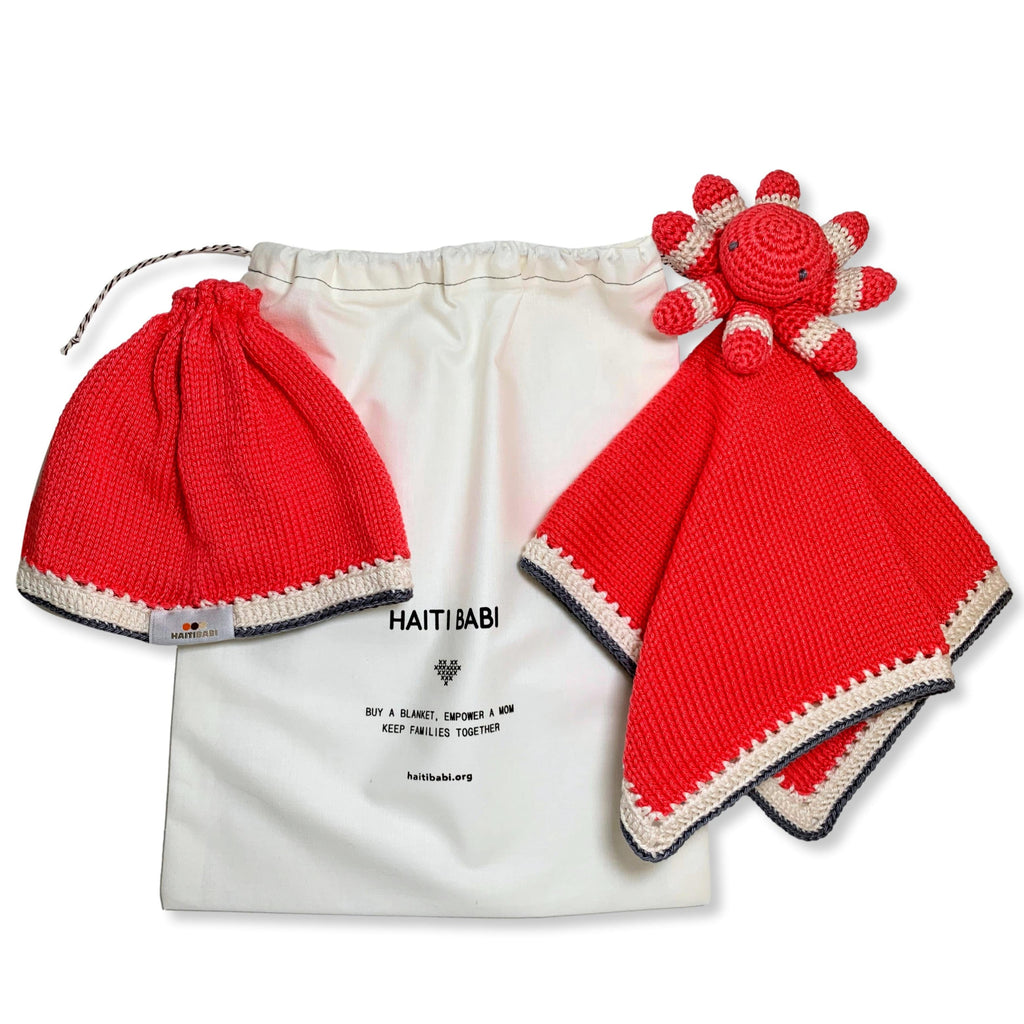 Red Baby Beanie Hat & Octopus Lovie Soother Teether Gift Set - Artisan Baby Products
