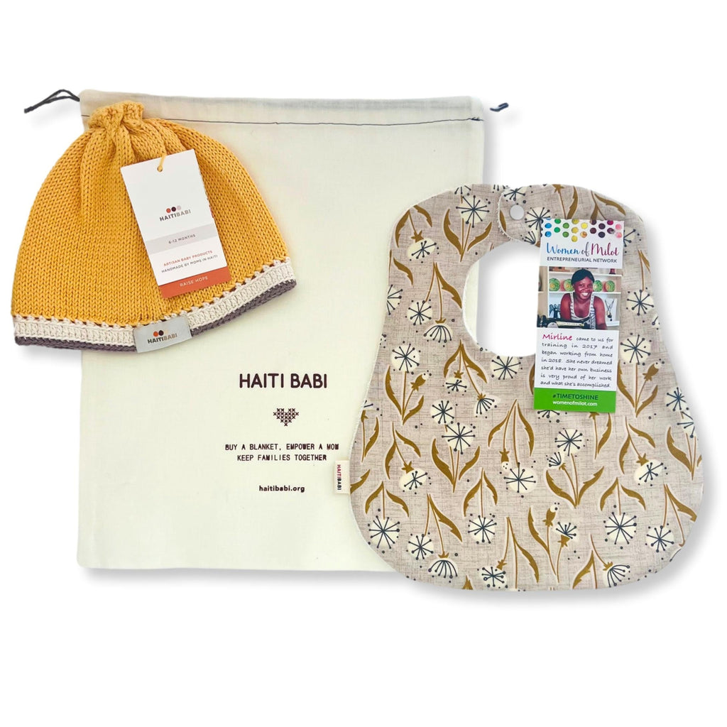 Meadow's Breath Baby Bib & Pineapple & Stone Baby Beanie Gift Set