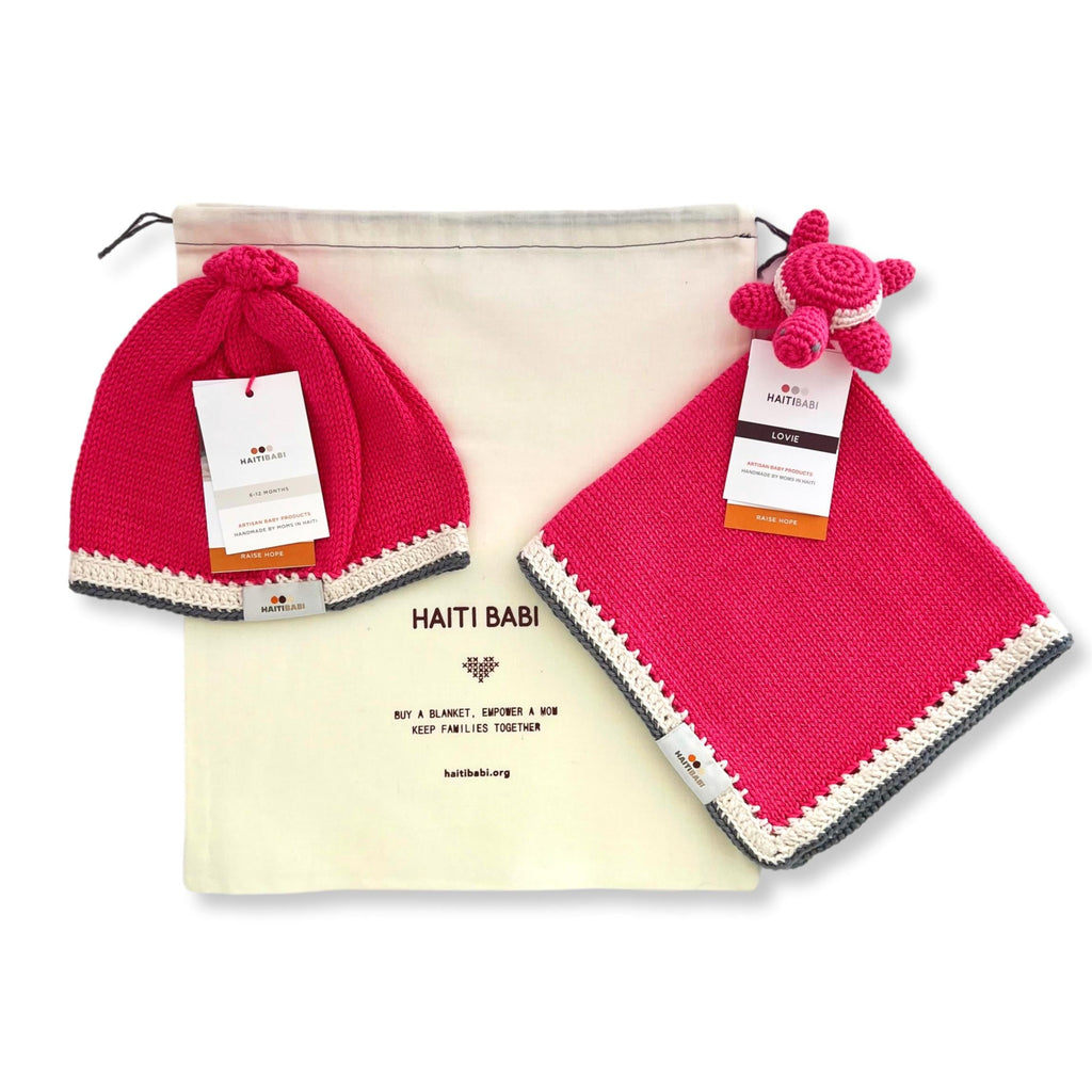 Peony Pink Knit & Crochet Baby Hat & Turtle Lovie or Whale Lovie - Haitian artisans at work