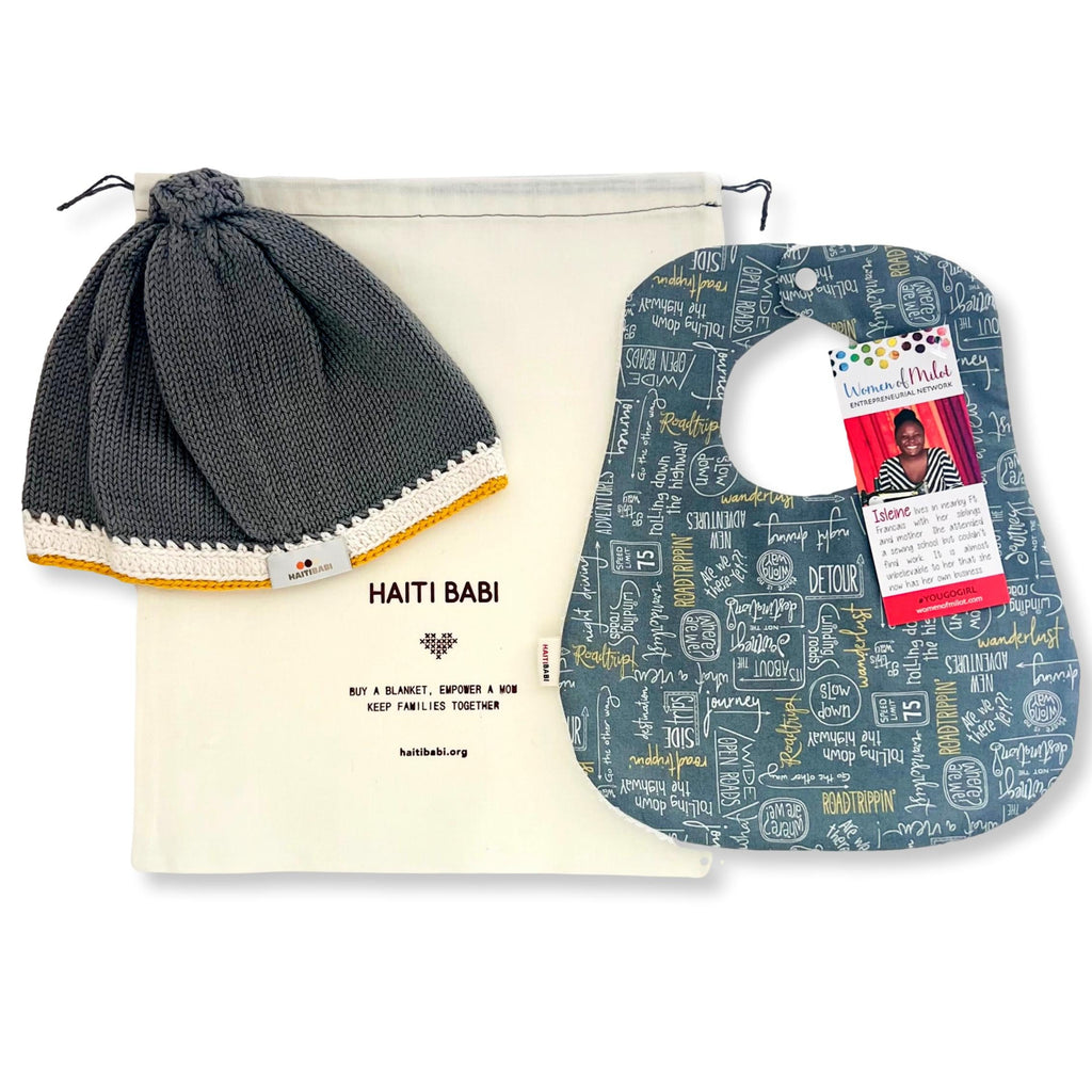 Gray knit baby beanie hat & gray yellow baby bib gift set - Artisan Baby Products