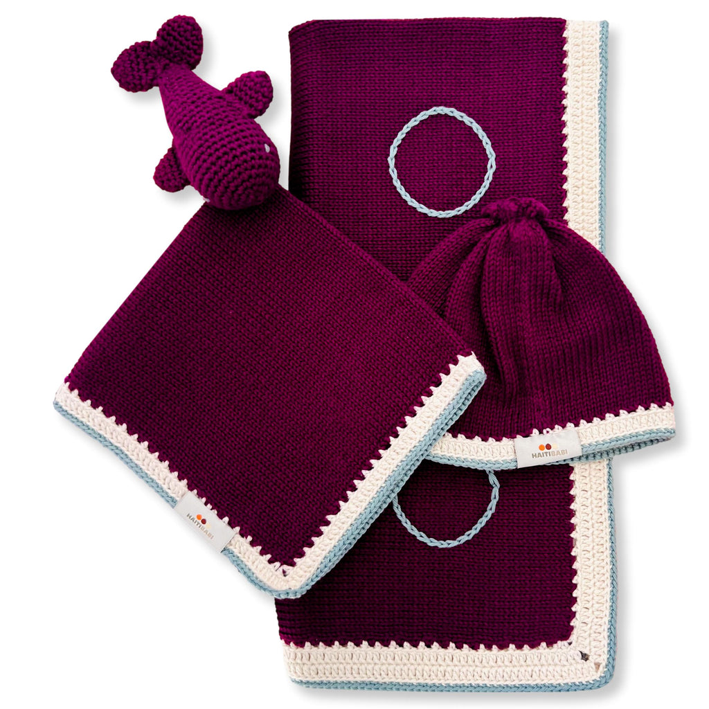Set of burgundy syrahbaby blanket, hat and lovie with blue trim