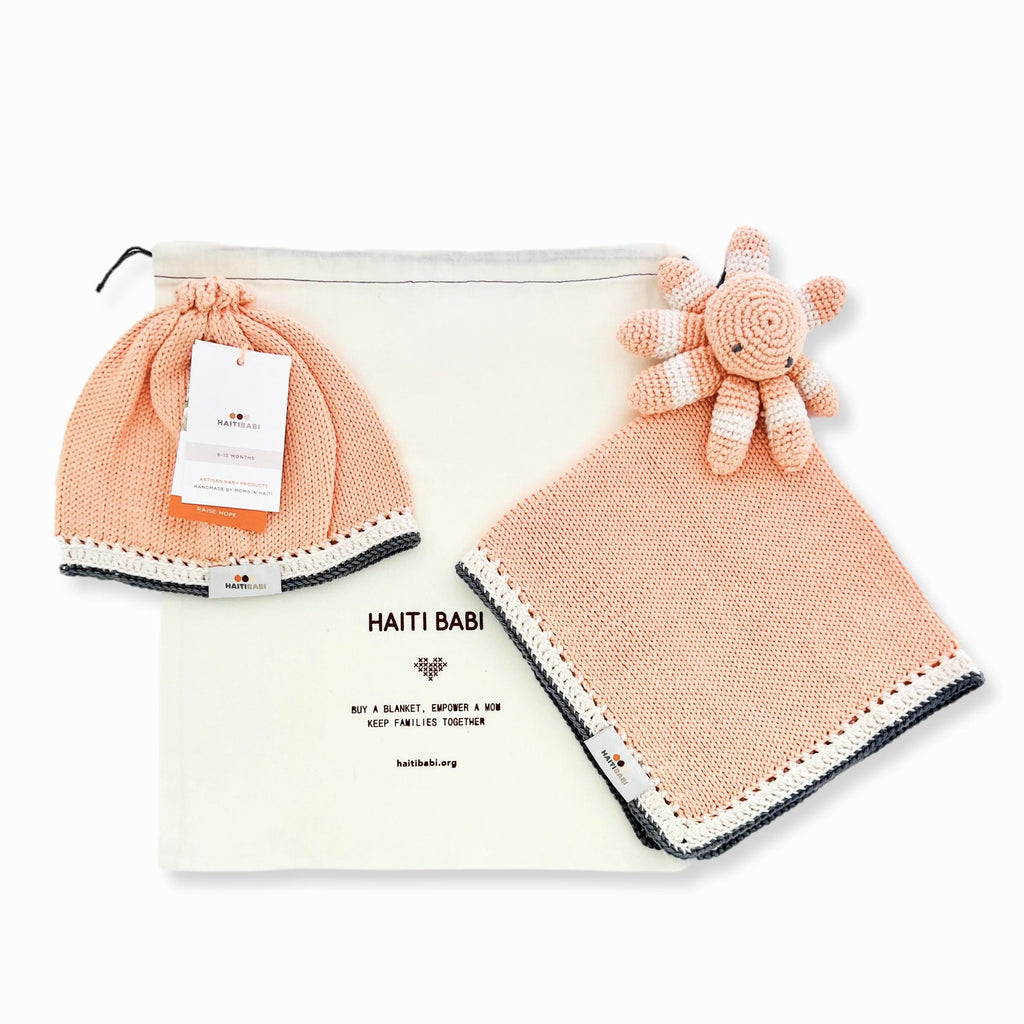 White Peach Octapus Lovie & Beanie Set