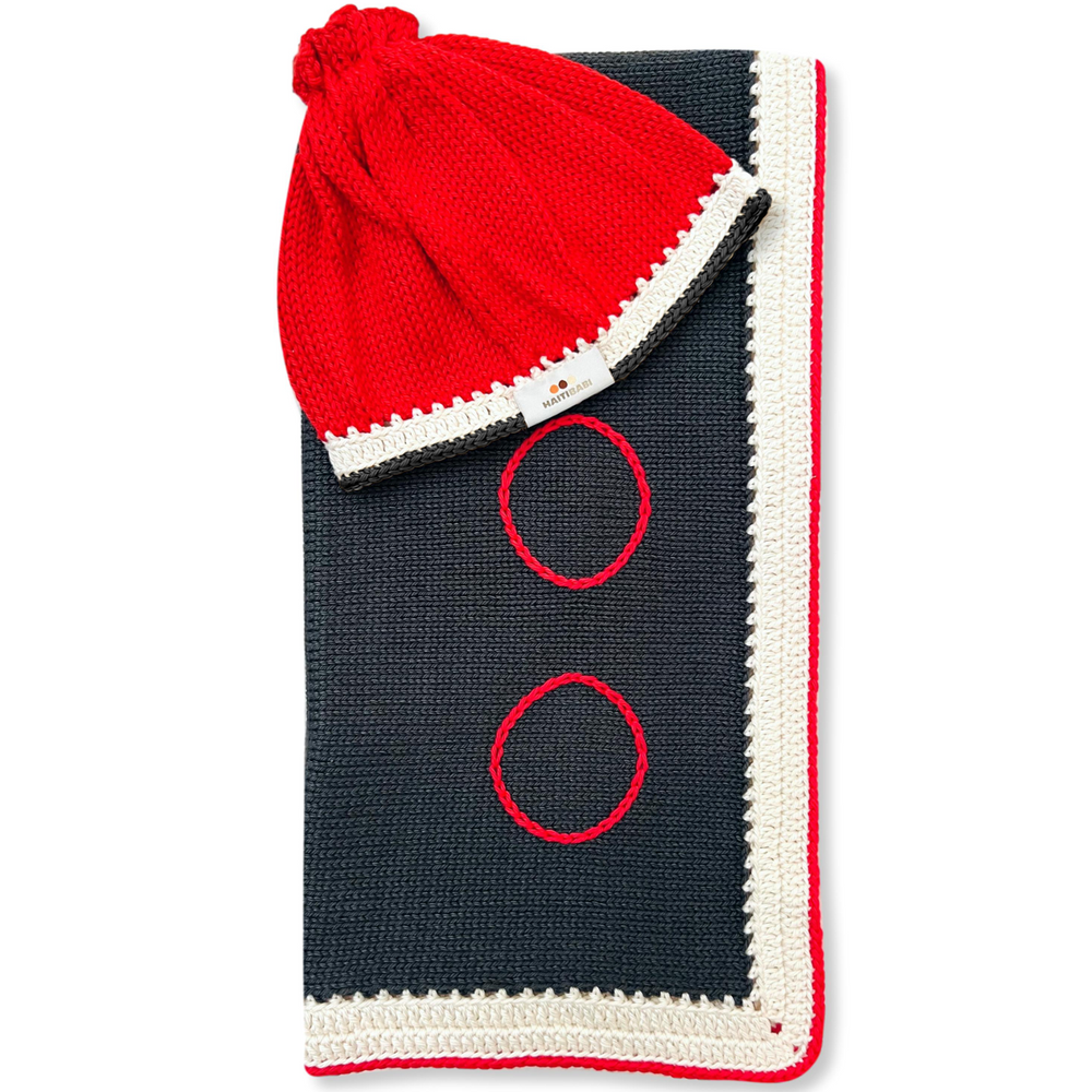 Haiti Babi Carbon Gray Blanket Red Christmas Hat Set Handmade in Haiti by Women Artisans
