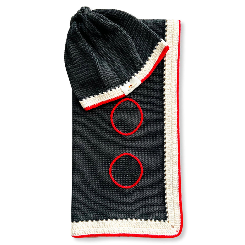 Carbon Gray & Red Blanket and Hat Set